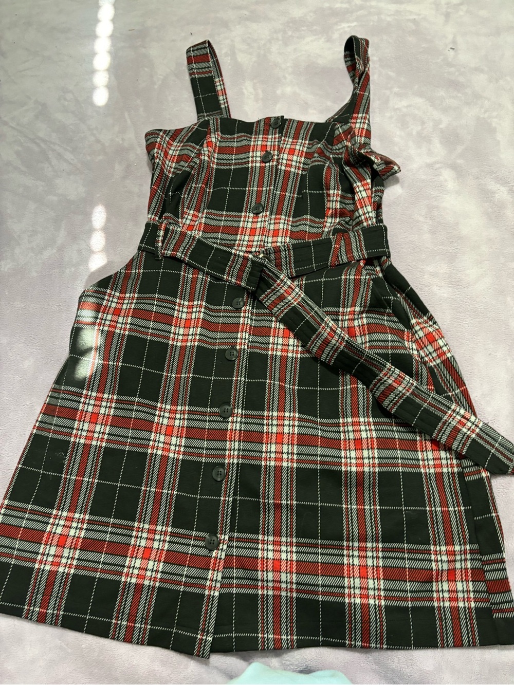 Plaid Button Front Dress with Belt - Red, black and grey